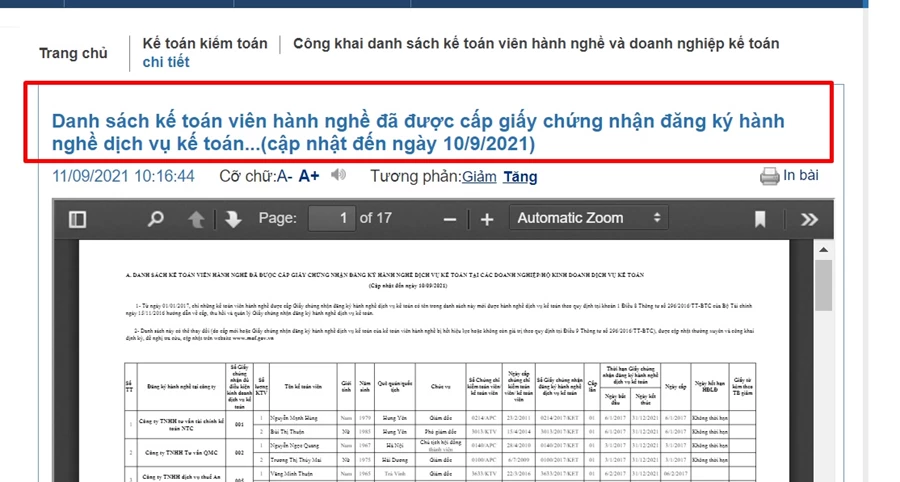 Danh sách kế toán viên hành nghề và doanh nghiệp kế toán