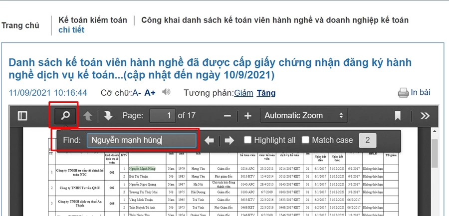 Danh sách kế toán viên hành nghề và doanh nghiệp kế toán