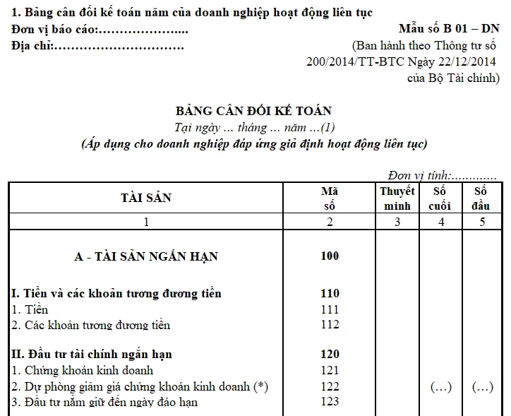 Mẫu Bảng cân đối kế toán