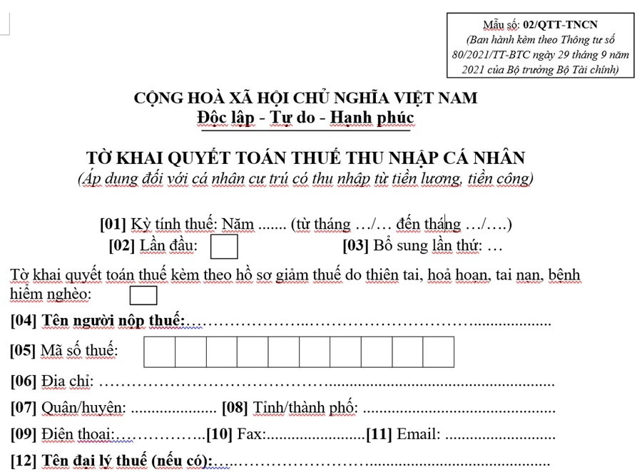 Mẫu số 02/QTT-TNCN - Tờ khai quyết toán thuế Thu nhập cá nhân mới nhất theo Thông tư 80/2021/TT-BTC.